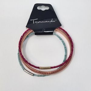 Taramanda Beaded Metal 3 Piece Bracelet Bangle Set Rose Gold Teal Pink Stacking